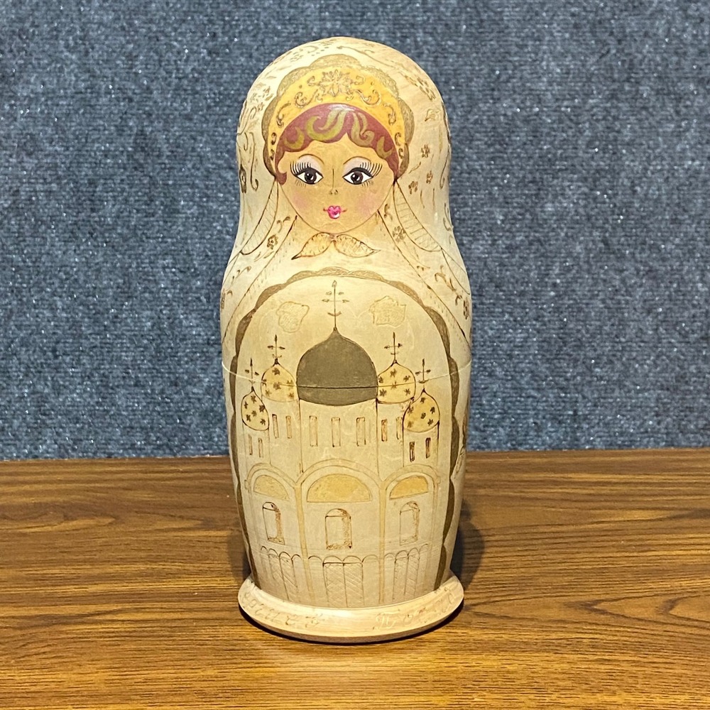 Vintage 1993 Russian Nesting Dolls 10pc Matryoshka Wood Burned Cathedral Art 10"